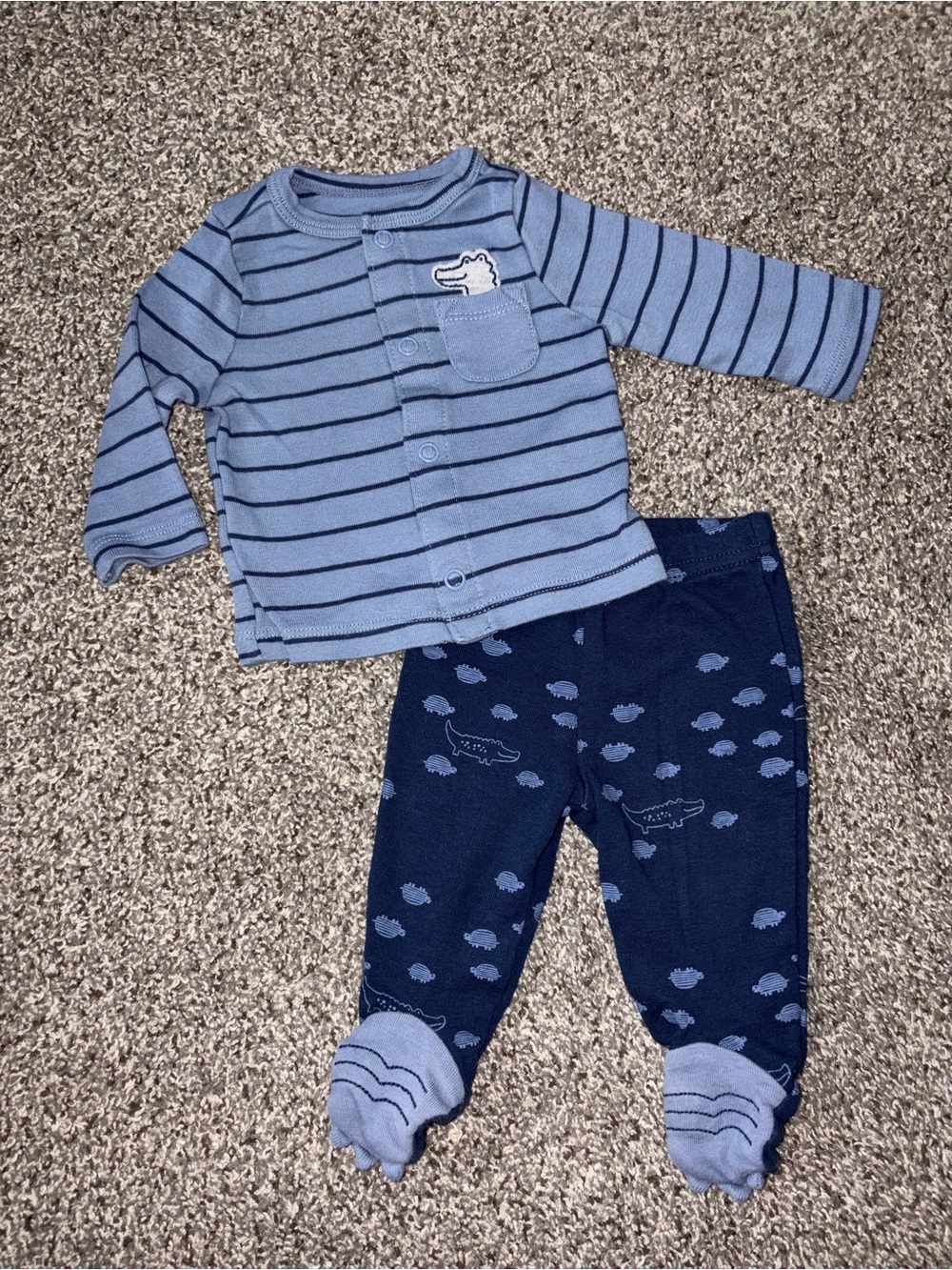 Carter's Newborn Blue Striped Baby Dinosaur Set Sweater and Pants Outfit